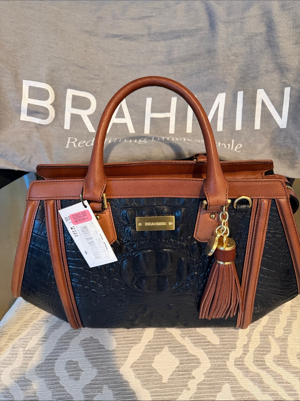 Brahmin Black Croc-Embossed Satchel with Chestnut Trim and Tassel NWT